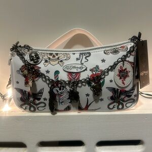 Ed Hardy White Tattoo-Print Mini Shoulder Bag with Charm Chain